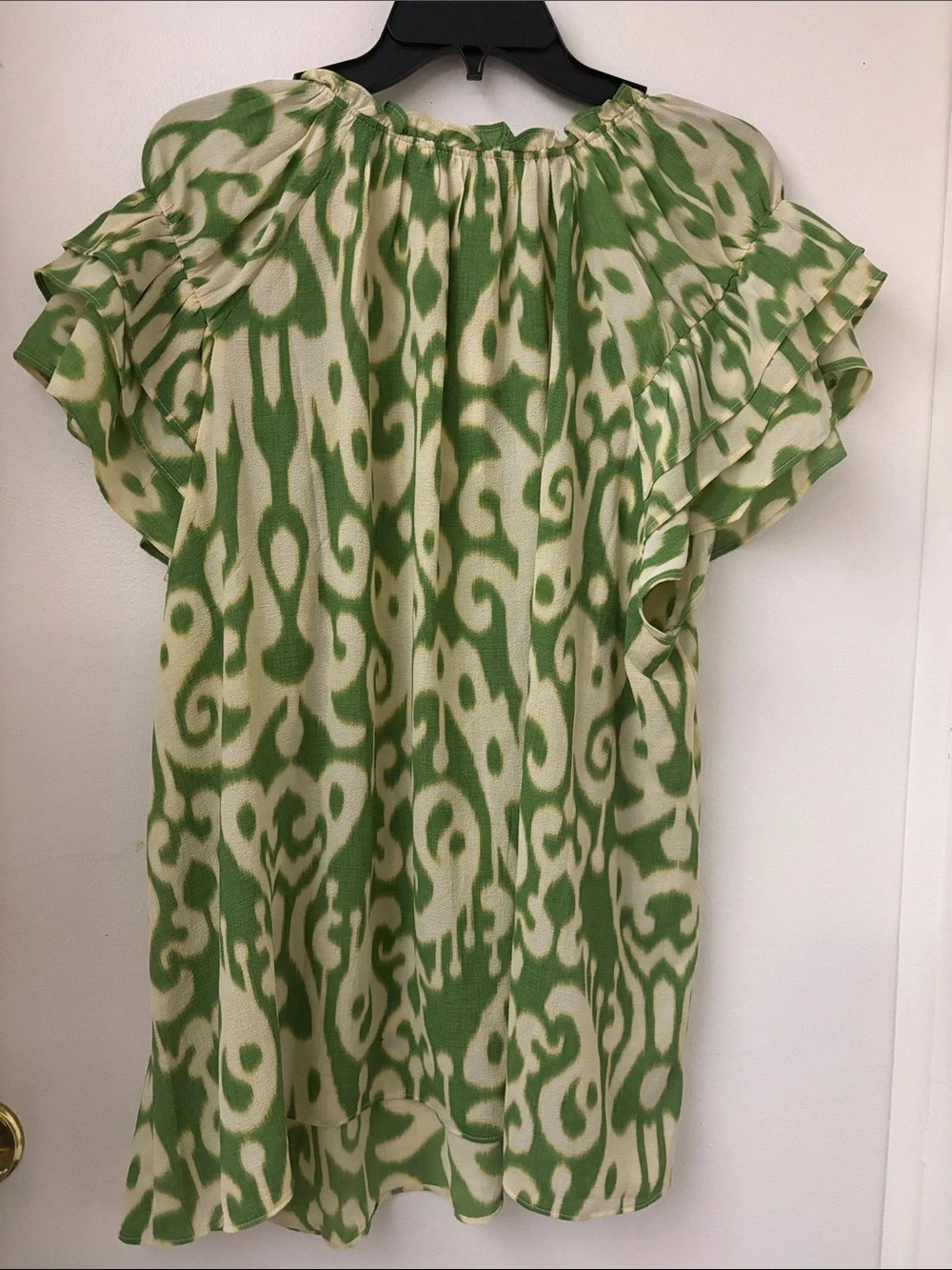 Rose & Olive Green and Cream Ikat-Style Tie-Neck Peasant Blouse - Picture 2 of 4